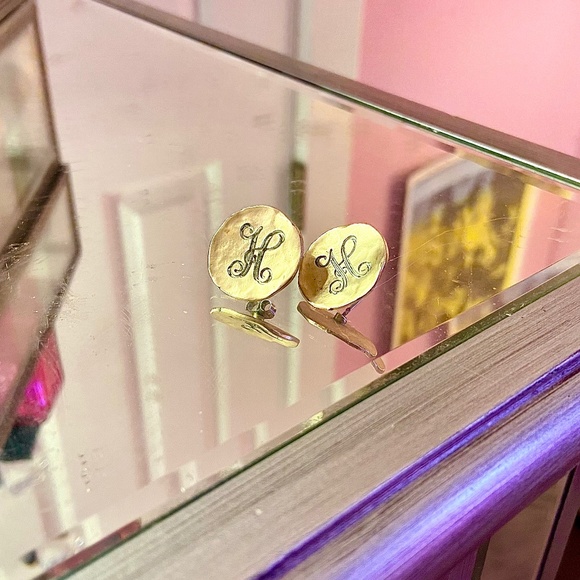 “H” Initial Earrings Stylish Studs Gold-Plated Discs Contempo Women's Jewelry - Picture 2 of 3